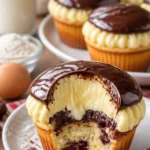 Donauwellen Muffin mit Schokolade und Kirschen auf einem Teller angerichtet.