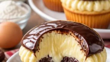 Donauwellen Muffin mit Schokolade und Kirschen auf einem Teller angerichtet.