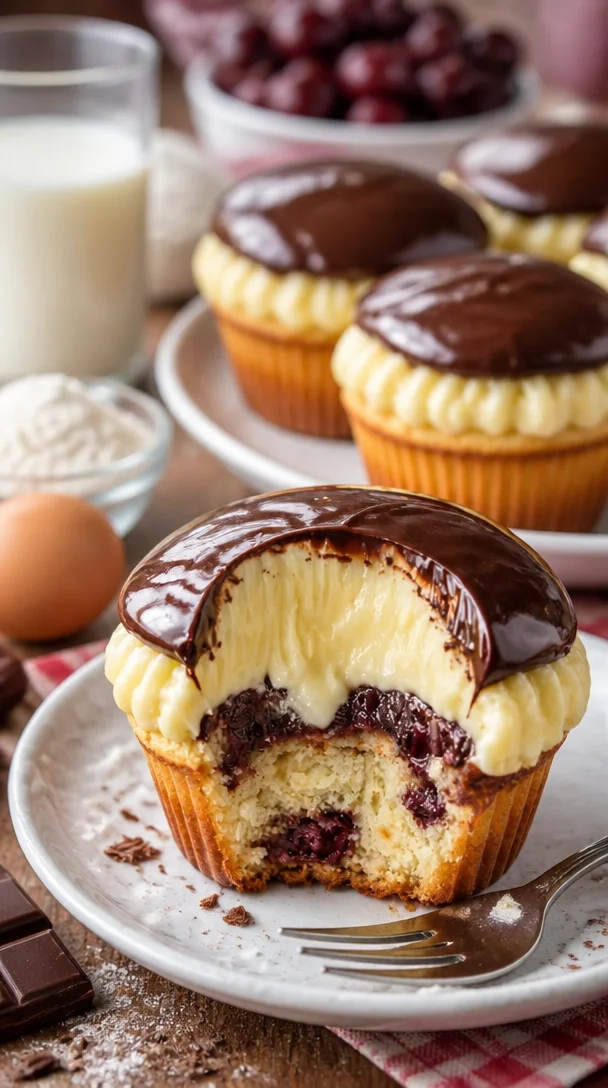 Donauwellen Muffin mit Schokolade und Kirschen auf einem Teller angerichtet.