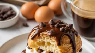 Leckere Donut mit Sahnefüllung auf einem Teller