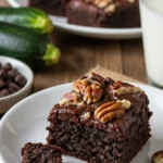 Dunkle Schokoladen-Zucchini-Brownies auf einem Teller serviert