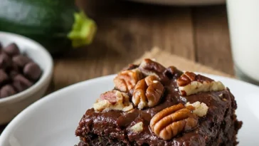 Dunkle Schokoladen-Zucchini-Brownies auf einem Teller serviert