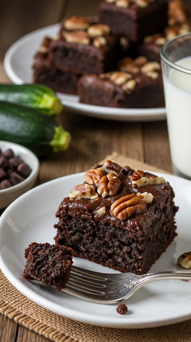 Dunkle Schokoladen-Zucchini-Brownies auf einem Teller serviert