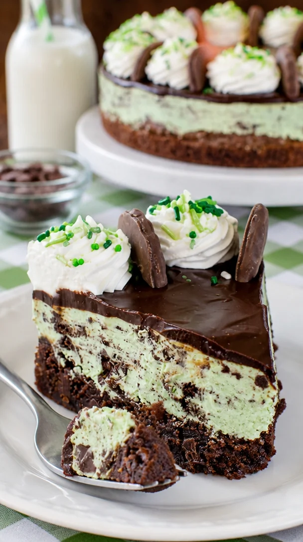 Dünne Minz-Käsekuchen-Brownie-Torte mit frischer Minze und Käsekuchenfüllung