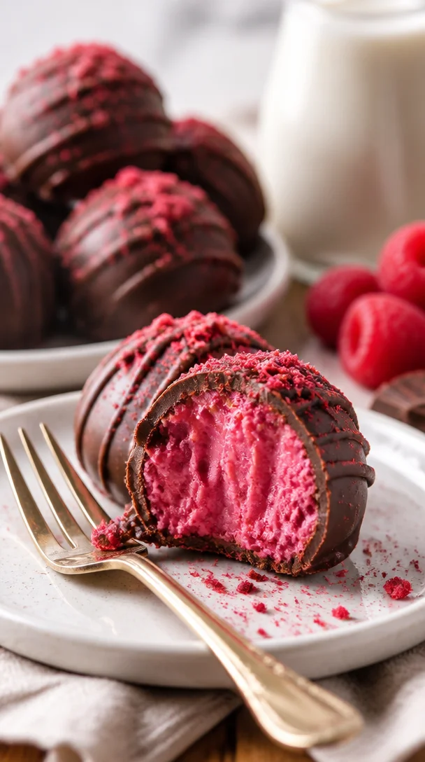 Einfache Himbeer-Trüffel mit frischen Himbeeren und Schokolade