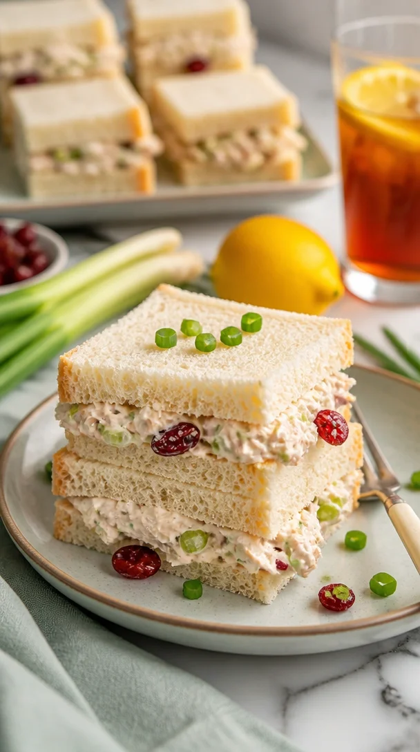 Einfache Hühnersalat-Teesandwiches auf einem Teller präsentiert