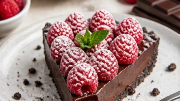 Einfache Schokoladen-Himbeer-Torte mit frischen Himbeeren und Schokolade