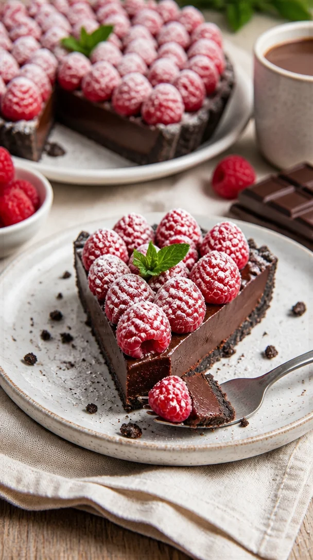 Einfache Schokoladen-Himbeer-Torte mit frischen Himbeeren und Schokolade