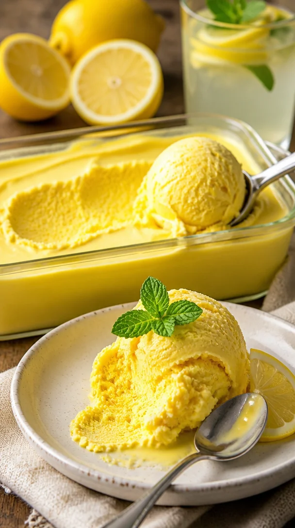 Einfache Zitroneneiscreme in einer Schale mit Zitronenscheiben