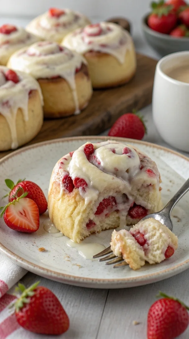 Erdbeer-Cheesecake-Cinnabon-Rollen auf einem Teller