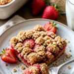 Erdbeer-Haferflocken-Crumble-Riegel auf einem Teller serviert.