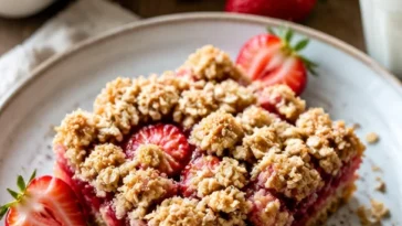 Erdbeer-Haferflocken-Crumble-Riegel auf einem Teller serviert.