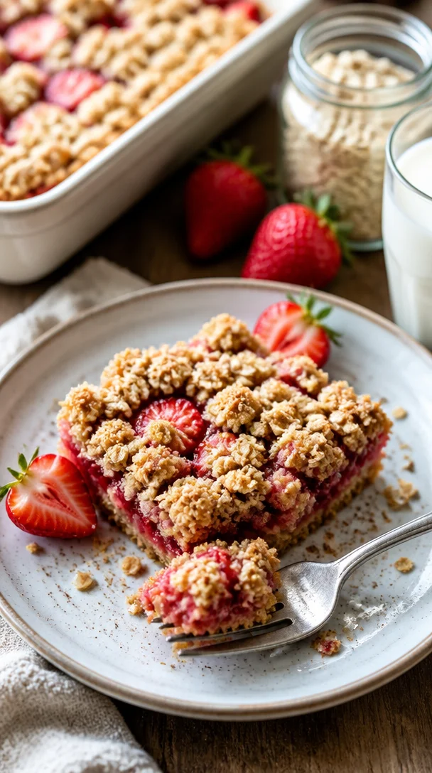 Erdbeer-Haferflocken-Crumble-Riegel auf einem Teller serviert.