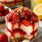 Erdbeer-Käsekuchen-Becher mit frischen Erdbeeren und cremigem Käsekuchen