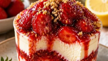Erdbeer-Käsekuchen-Becher mit frischen Erdbeeren und cremigem Käsekuchen