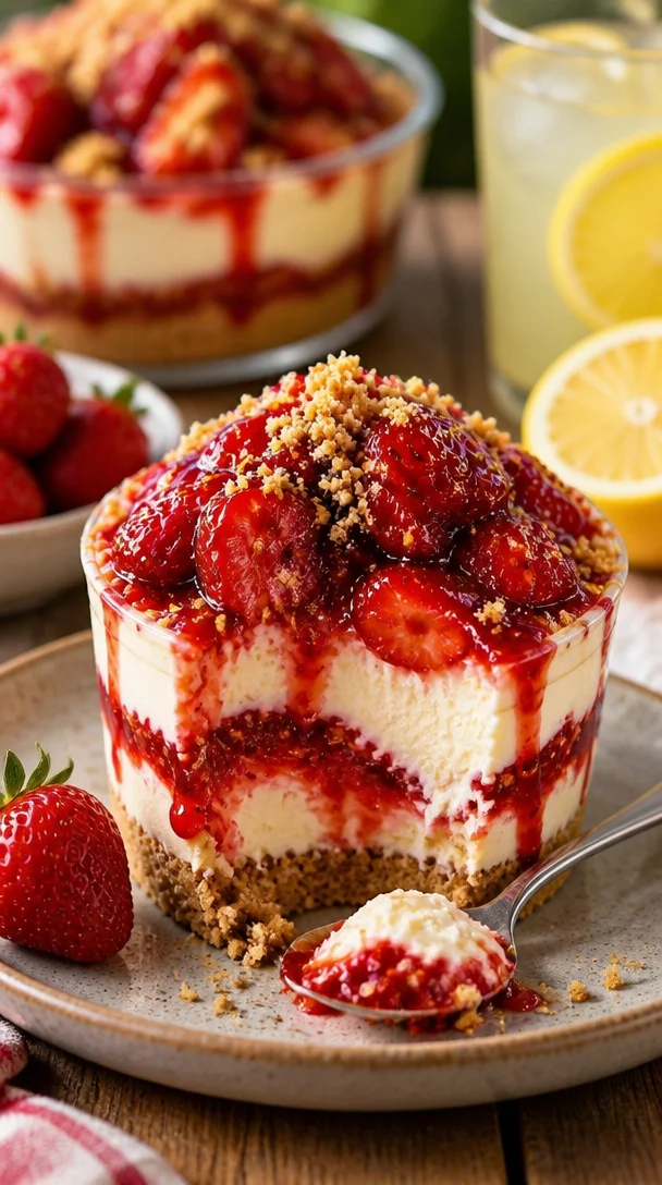 Erdbeer-Käsekuchen-Becher mit frischen Erdbeeren und cremigem Käsekuchen
