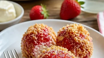 Erdbeer-Käsekuchen Crunch Bites auf einem Teller