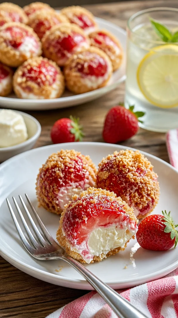 Erdbeer-Käsekuchen Crunch Bites auf einem Teller