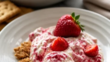 Erdbeer Käsekuchen Dip in einer Schüssel mit Erdbeeren dekoriert