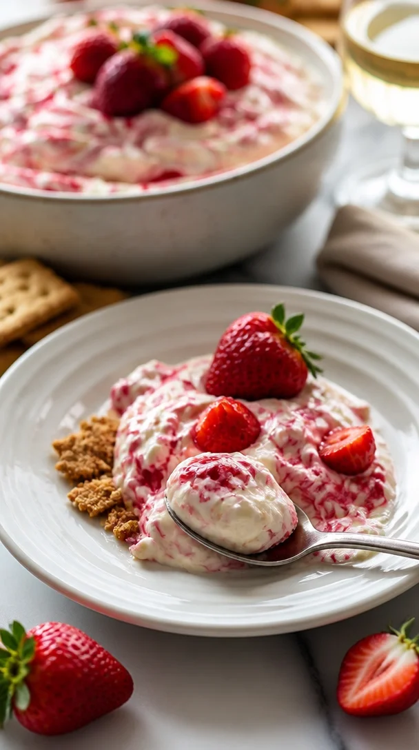 Erdbeer Käsekuchen Dip in einer Schüssel mit Erdbeeren dekoriert