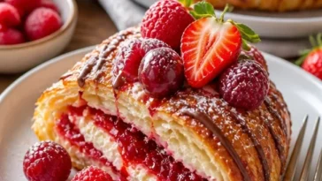 Frisch gebackene Erdbeer-Kirschmarmelade-Croissants auf einem Teller