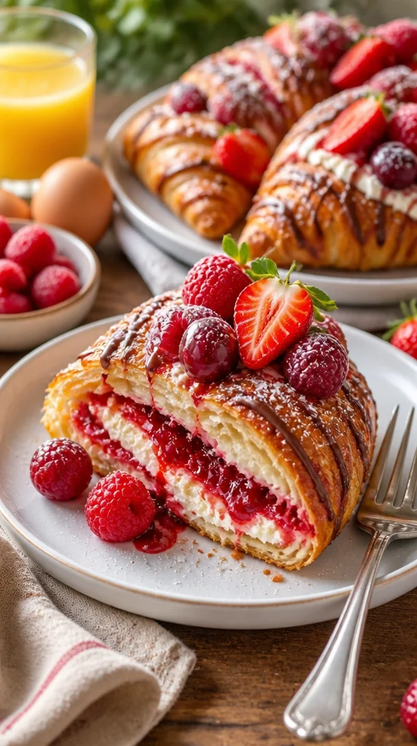 Frisch gebackene Erdbeer-Kirschmarmelade-Croissants auf einem Teller
