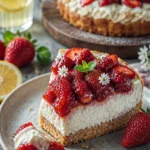 Erdbeer-Mandel-Torte mit Zitronenquark auf einem weißen Teller serviert.