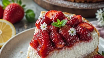 Erdbeer-Mandel-Torte mit Zitronenquark auf einem weißen Teller serviert.