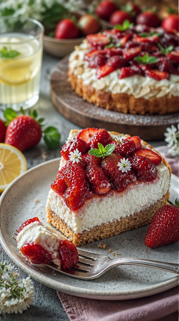 Erdbeer-Mandel-Torte mit Zitronenquark auf einem weißen Teller serviert.