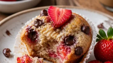 Leckere Erdbeer-Proteine-Muffins auf einem weißen Teller
