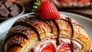 Erdbeer-Sahne-Croissants mit frischen Erdbeeren und cremiger Sahne auf einem Teller