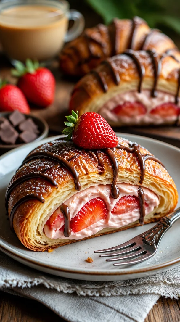 Erdbeer-Sahne-Croissants mit frischen Erdbeeren und cremiger Sahne auf einem Teller