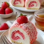 Erdbeer-Shortcake-Käsekuchen-Rollen mit frischen Erdbeeren und Sahne