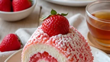 Erdbeer-Shortcake-Käsekuchen-Rollen mit frischen Erdbeeren und Sahne
