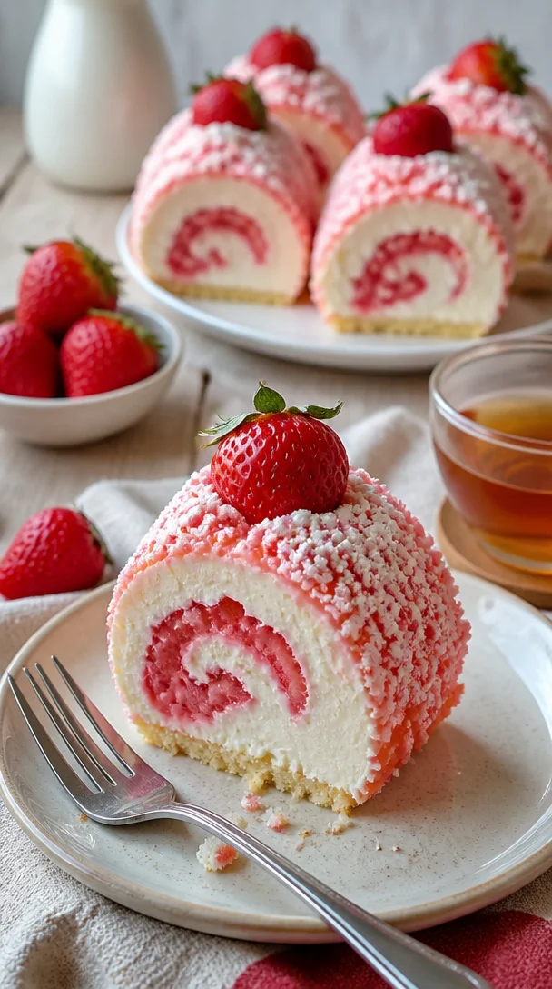 Erdbeer-Shortcake-Käsekuchen-Rollen mit frischen Erdbeeren und Sahne