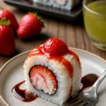 Erdbeer-Shortcake-Sushi mit frischen Erdbeeren und süßem Shortcake