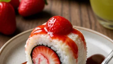 Erdbeer-Shortcake-Sushi mit frischen Erdbeeren und süßem Shortcake