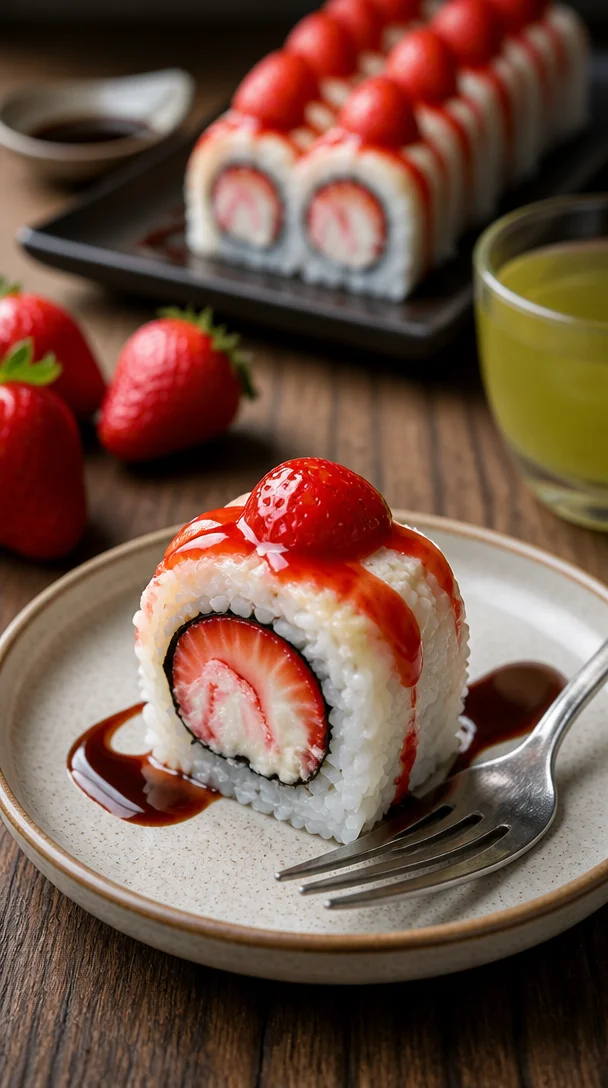 Erdbeer-Shortcake-Sushi mit frischen Erdbeeren und süßem Shortcake