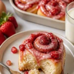 Leckere Erdbeer-Zimtschnecken auf einem Teller serviert, verziert mit frischen Erdbeeren.