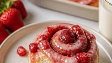 Leckere Erdbeer-Zimtschnecken auf einem Teller serviert, verziert mit frischen Erdbeeren.