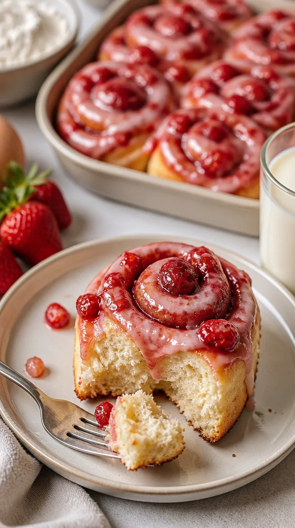 Leckere Erdbeer-Zimtschnecken auf einem Teller serviert, verziert mit frischen Erdbeeren.