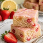 Erdbeer-Zitronen-Blondies auf einem Teller, dekoriert mit frischen Erdbeeren.