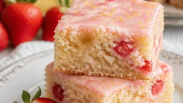 Erdbeer-Zitronen-Blondies auf einem Teller, dekoriert mit frischen Erdbeeren.