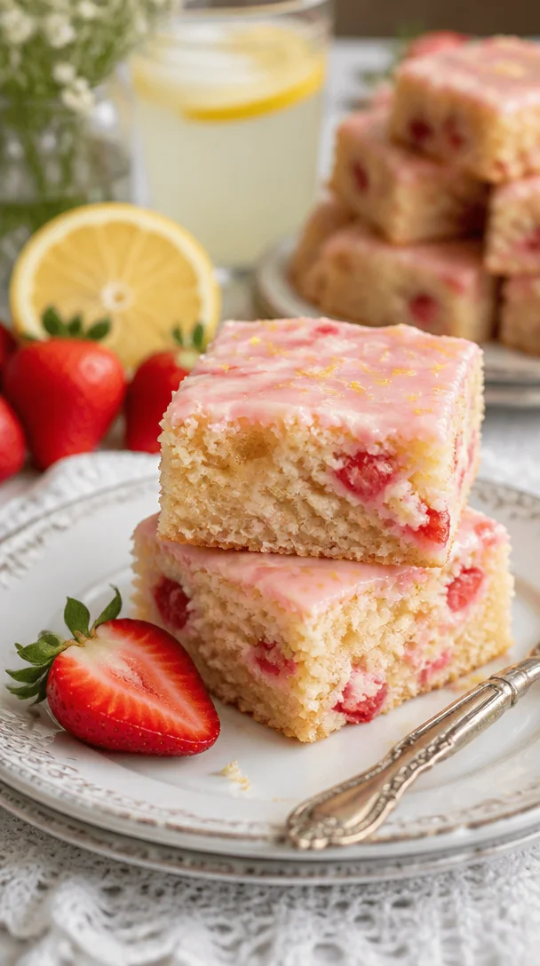 Erdbeer-Zitronen-Blondies auf einem Teller, dekoriert mit frischen Erdbeeren.