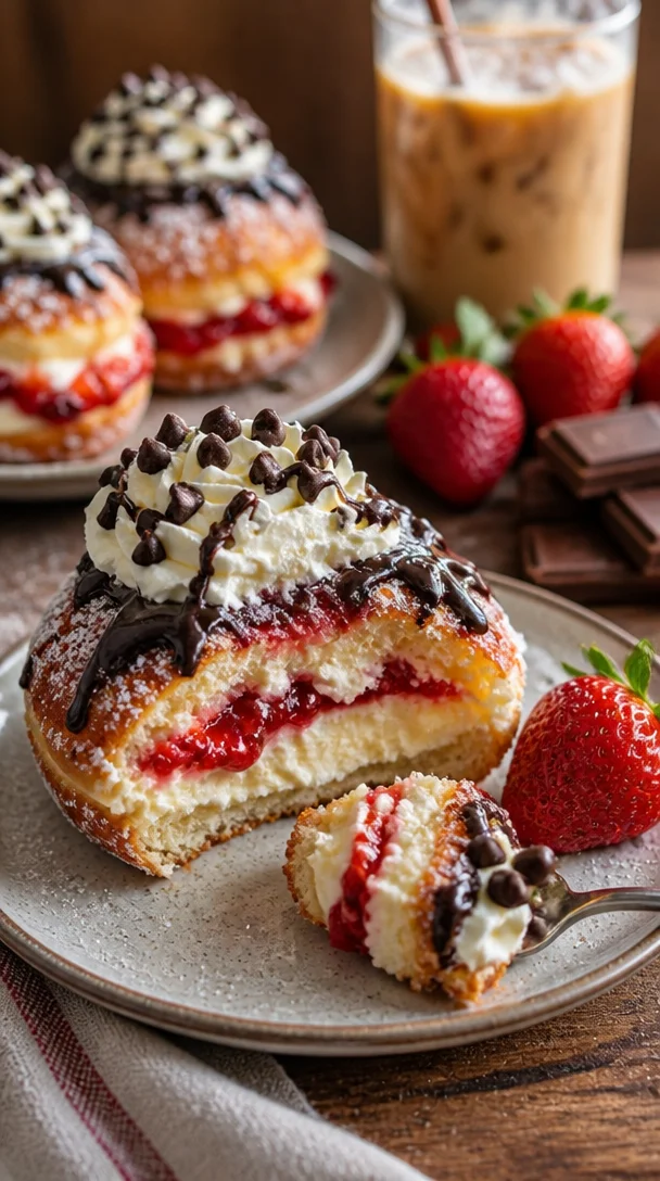 Erdbeercreme-Donuts in einer bunten Auswahl, frisch und verführerisch präsentiert.