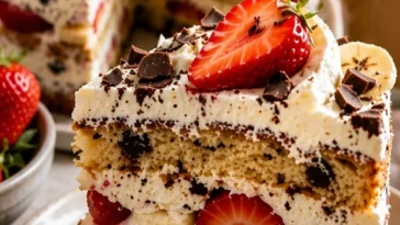 Erdbeeren-Stracciatella-Bananenkuchen mit frischen Erdbeeren und Schokoladensplittern