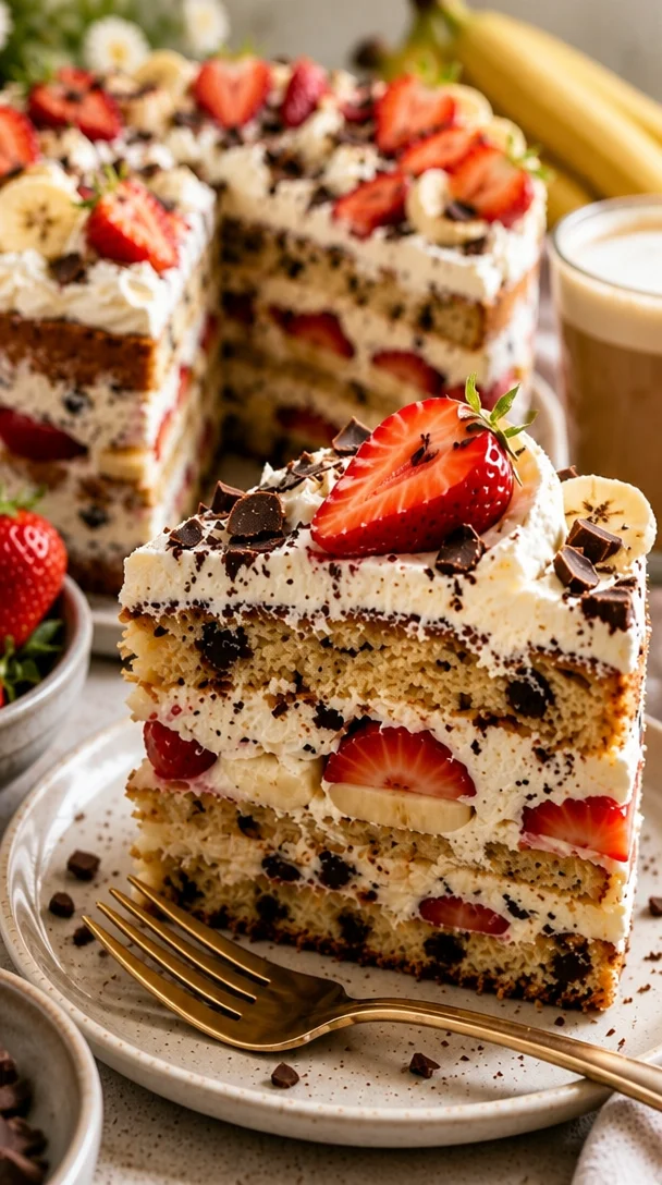 Erdbeeren-Stracciatella-Bananenkuchen mit frischen Erdbeeren und Schokoladensplittern