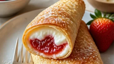 Leckere Erdbeerkäsekuchen-Eirollen serviert auf einem Teller