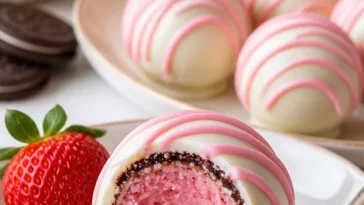 Erdbeerkuchen Oreo Bälle auf einem Teller, dekoriert mit frischen Erdbeeren