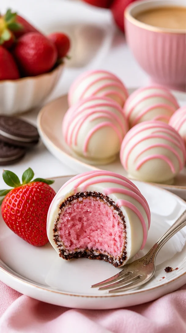 Erdbeerkuchen Oreo Bälle auf einem Teller, dekoriert mit frischen Erdbeeren